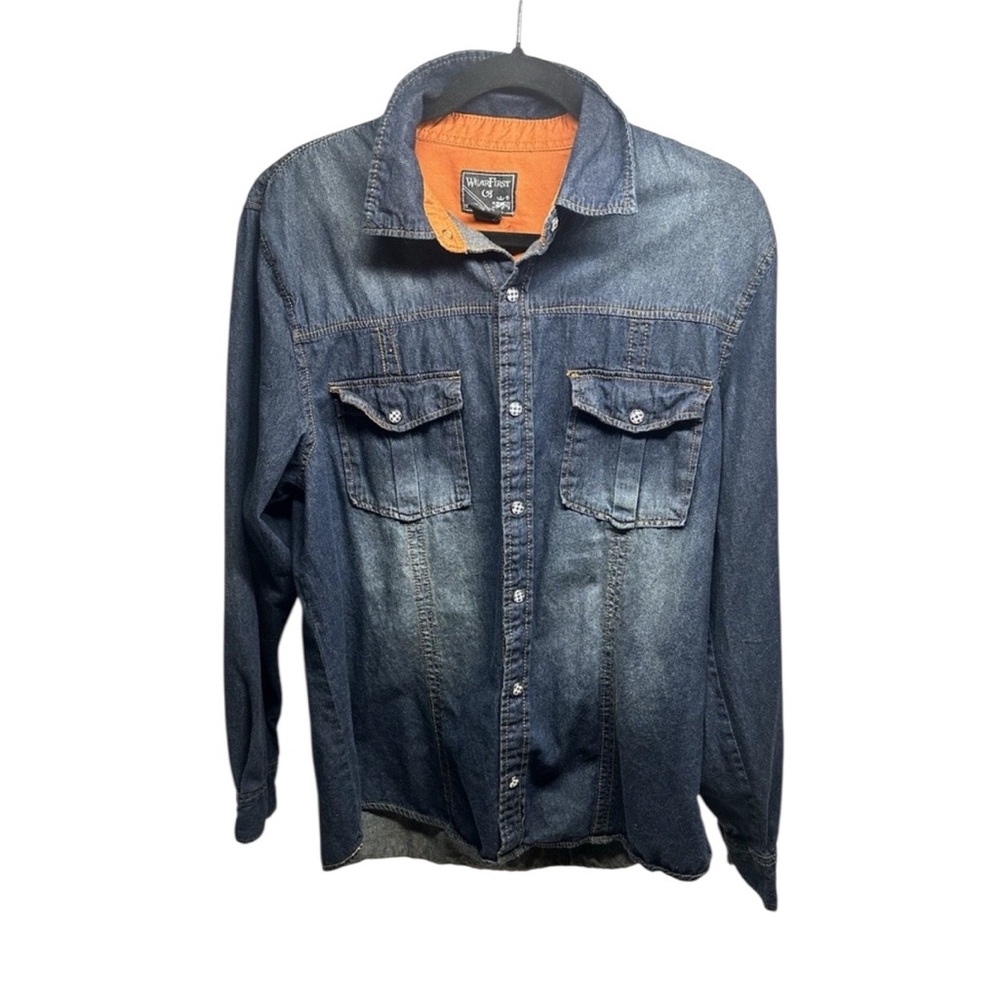 Men WhearFirst‎  Denim button -up Shirt Size L  Long Sleeve Casual Western Style